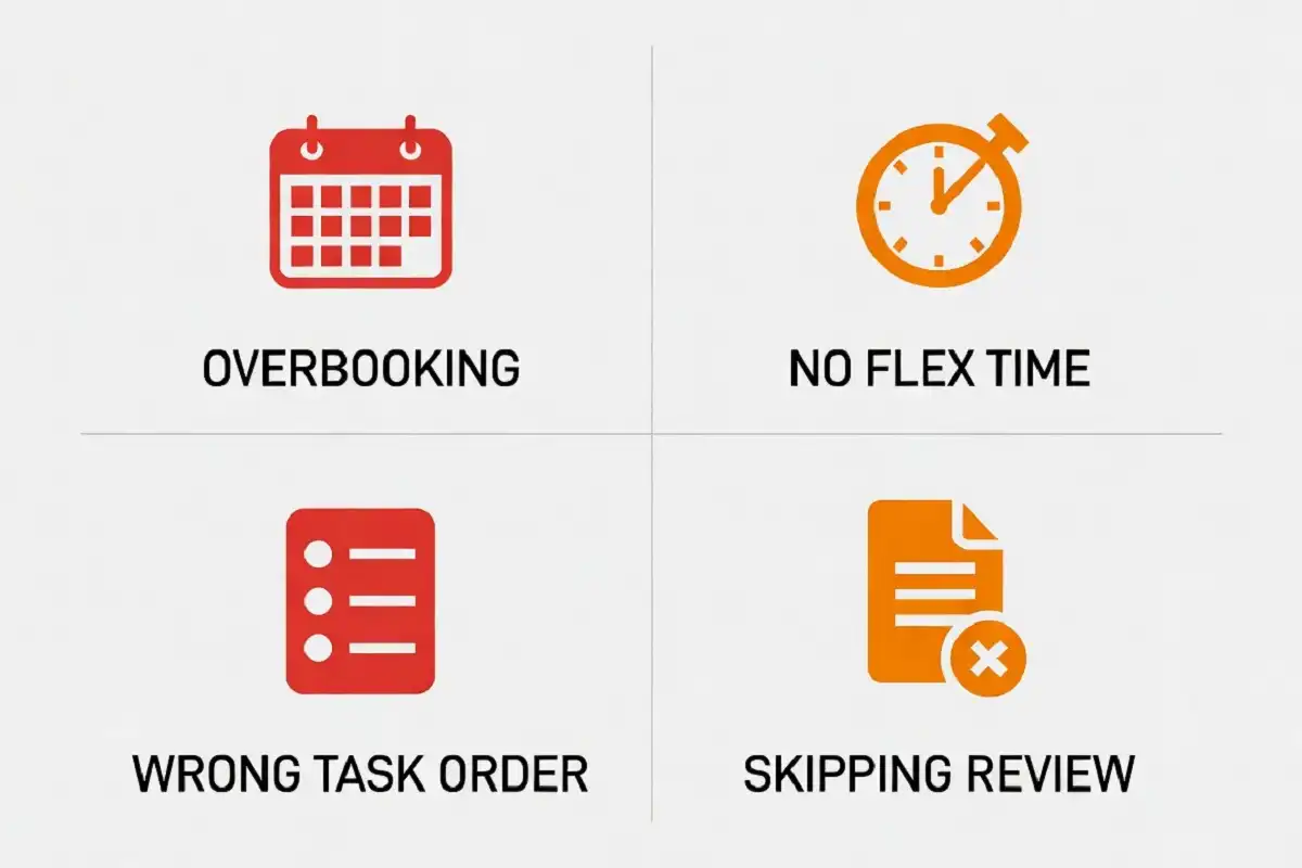Infographic showing the four most common time blocking mistakes that hurt productivity