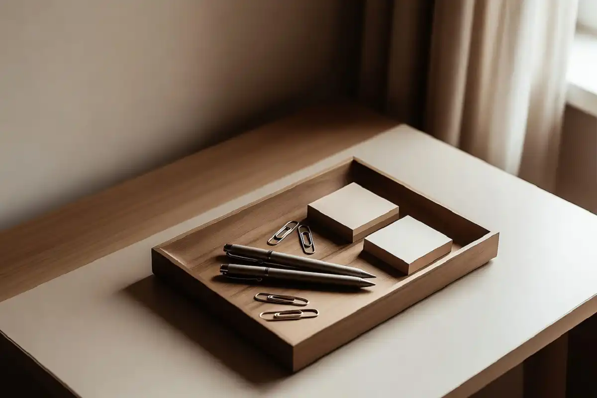 Wooden tray organizing pens and small items on a minimalist desk