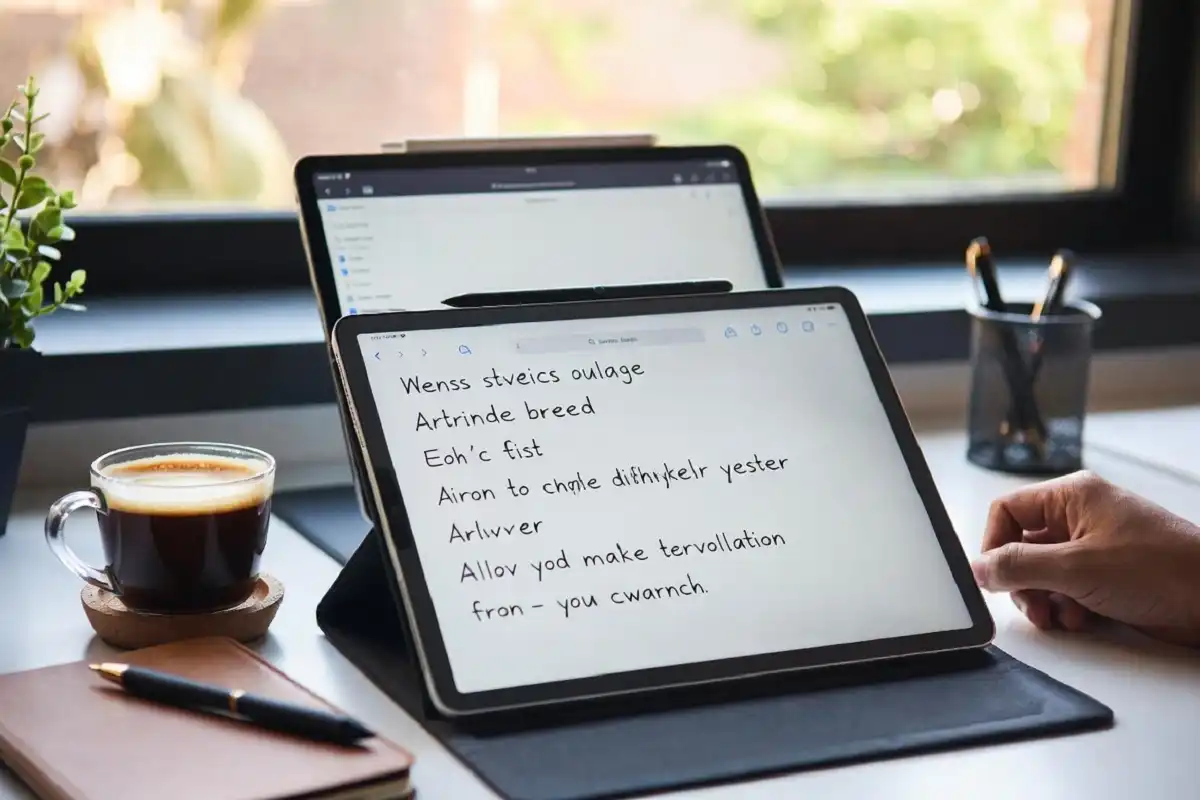 person using both e ink tablet for notes and regular tablet for apps in a productive workspace
