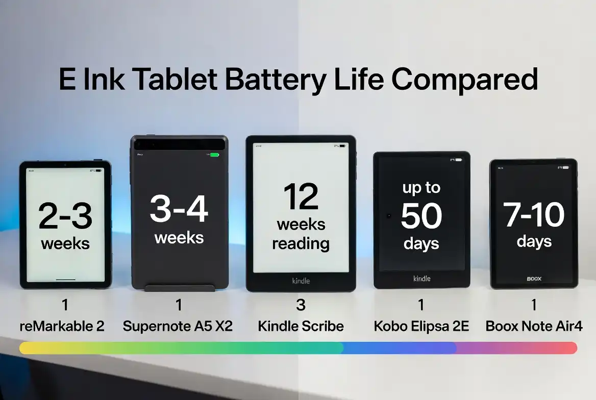 E ink tablet battery life comparison chart showing reMarkable 2, Supernote, Kindle Scribe, Kobo Elipsa, and Boox side by side