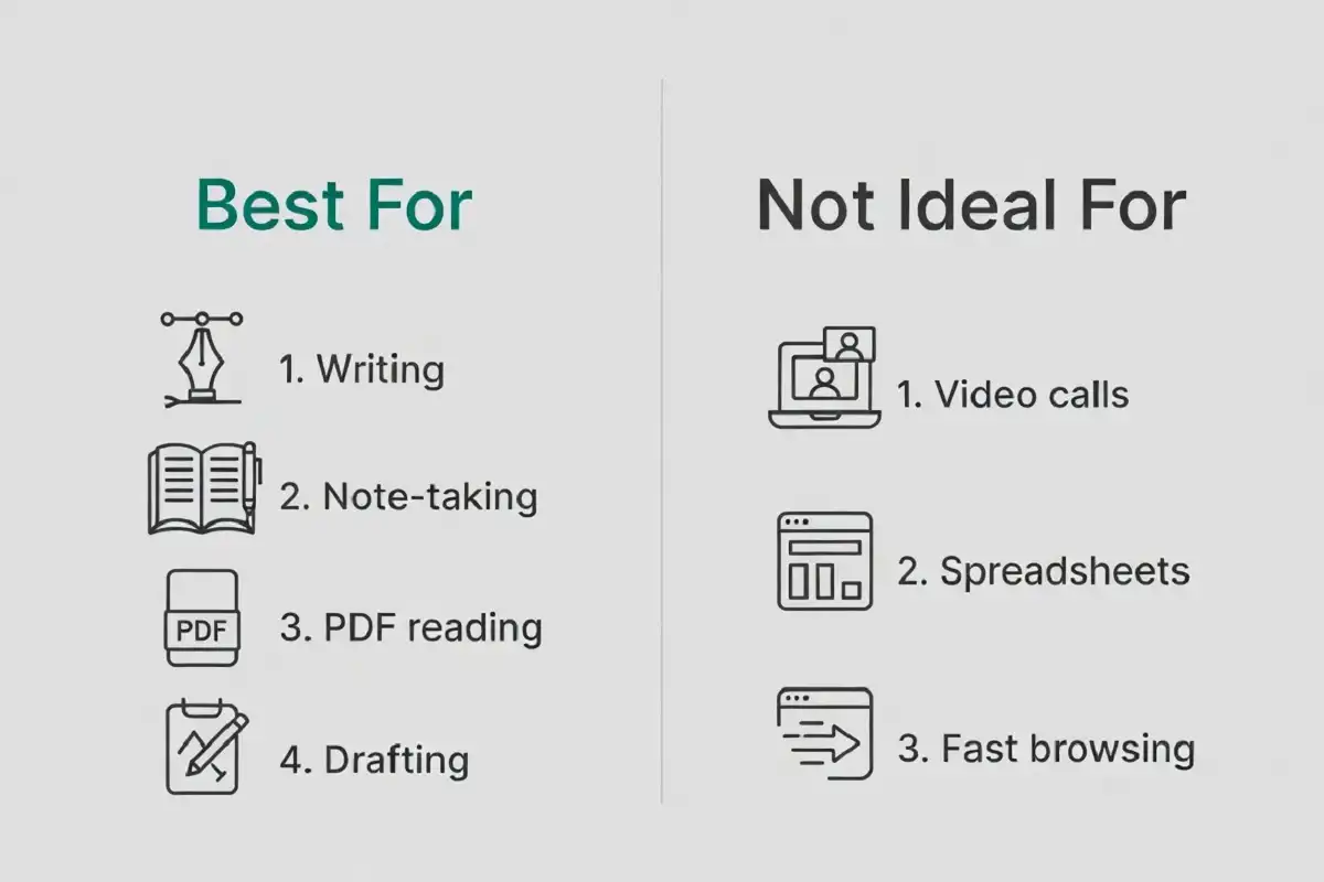 infographic showing best and worst use cases for an e ink tablet with keyboard case