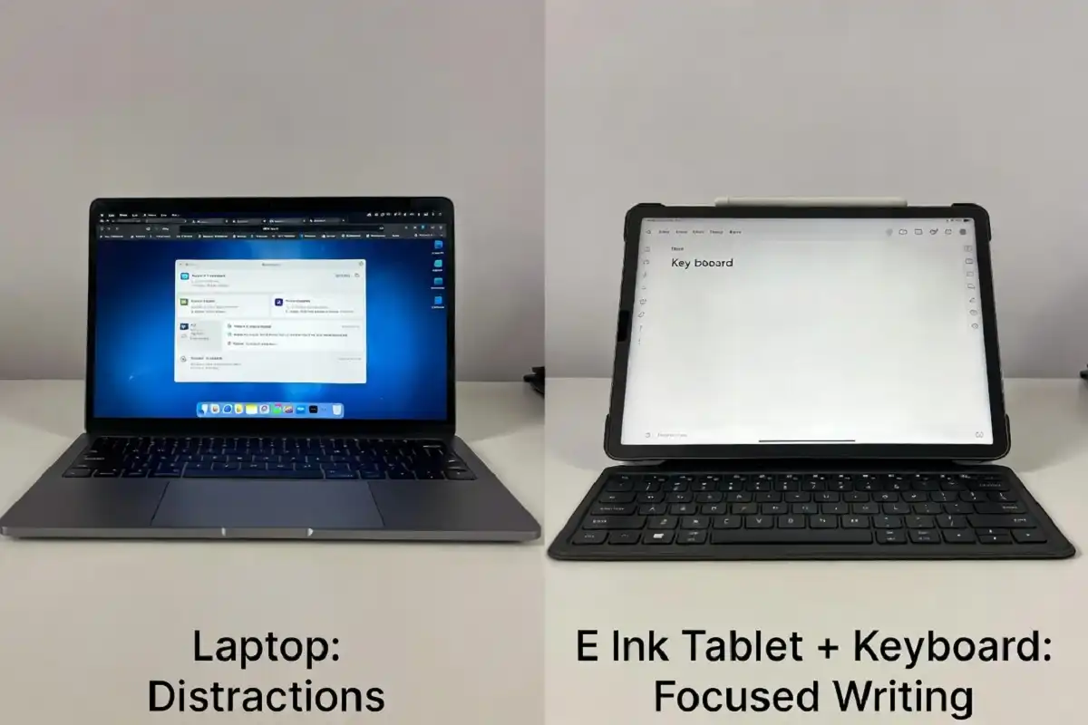 comparison of e ink tablet with keyboard case versus laptop for distraction-free writing