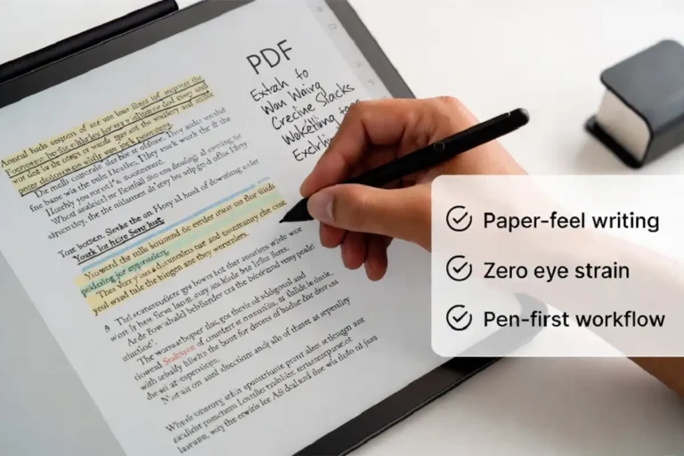 Person using an e ink tablet for PDF annotation with handwritten notes and highlights on screen