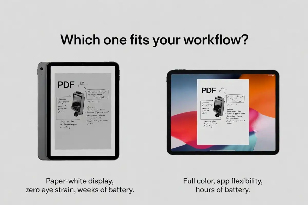 E ink tablet vs iPad comparison for PDF annotation showing display and battery differences