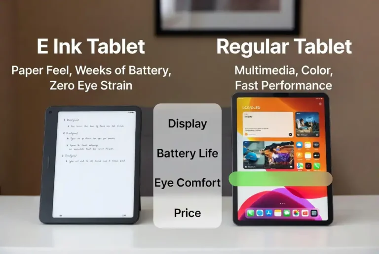 e ink tablet vs regular tablet side-by-side comparison showing display, battery, and use case differences