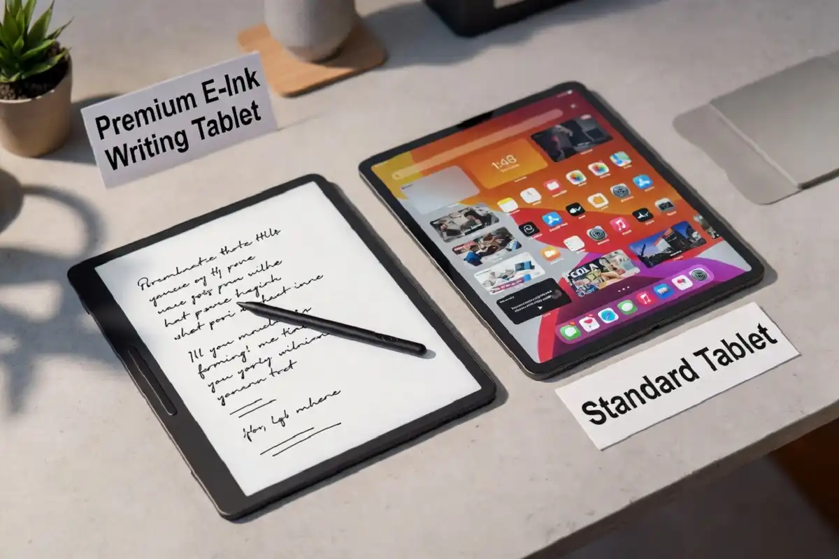 e ink tablet vs regular tablet flat lay comparison showing stylus writing device and regular multimedia tablet