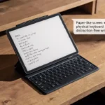 e ink tablet with keyboard case open on a desk showing notes on a paper-white screen