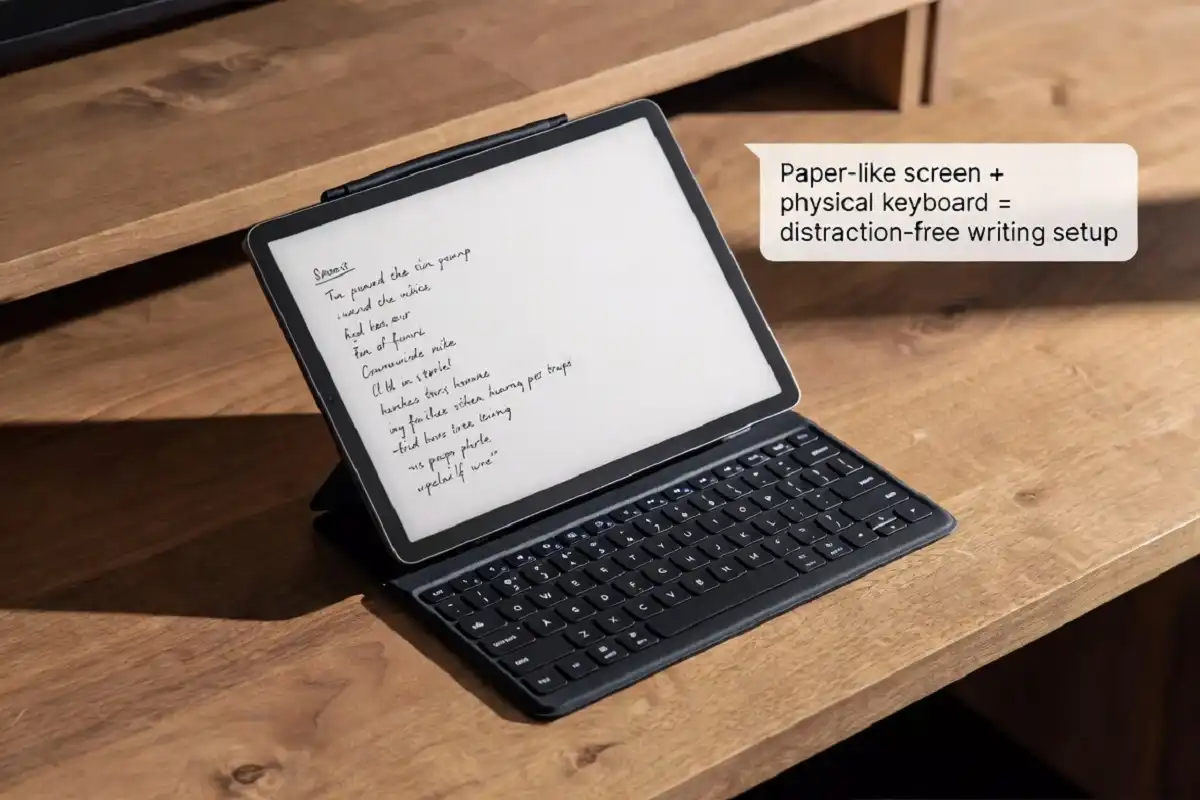e ink tablet with keyboard case open on a desk showing notes on a paper-white screen