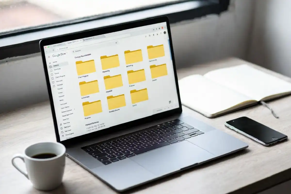 Google Drive organized folders on a laptop in a remote work desk setup