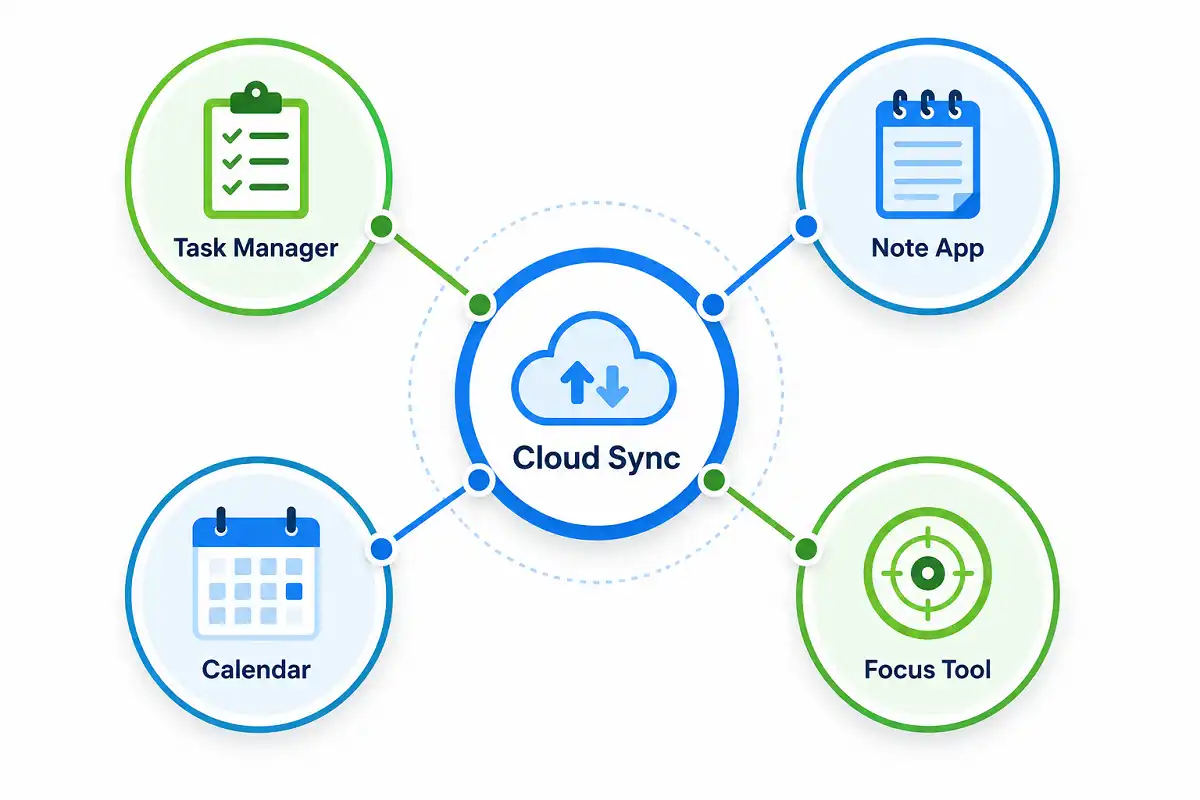 Diagram of a balanced iOS productivity tools 2026 setup connected through cloud sync