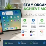 Infographic showing the best iOS productivity tools 2026 grouped by tasks, notes, calendar, and focus
