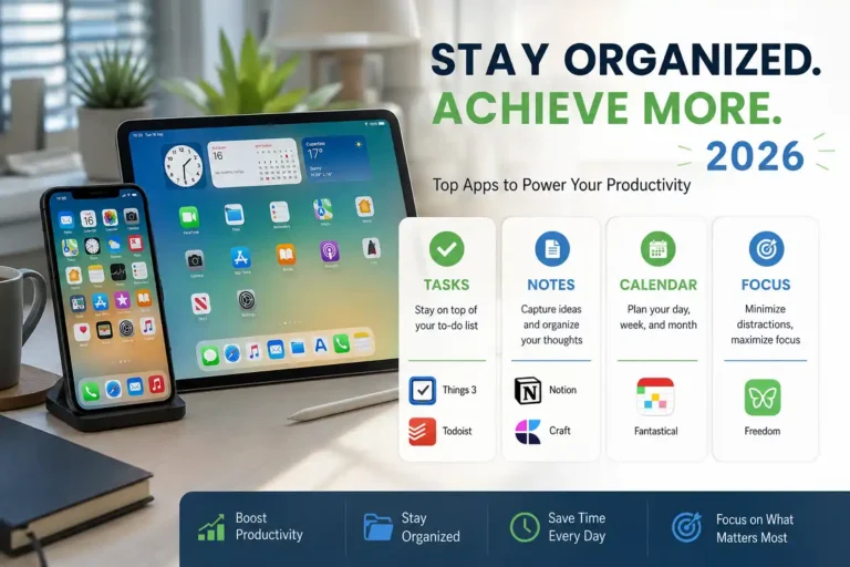 Infographic showing the best iOS productivity tools 2026 grouped by tasks, notes, calendar, and focus