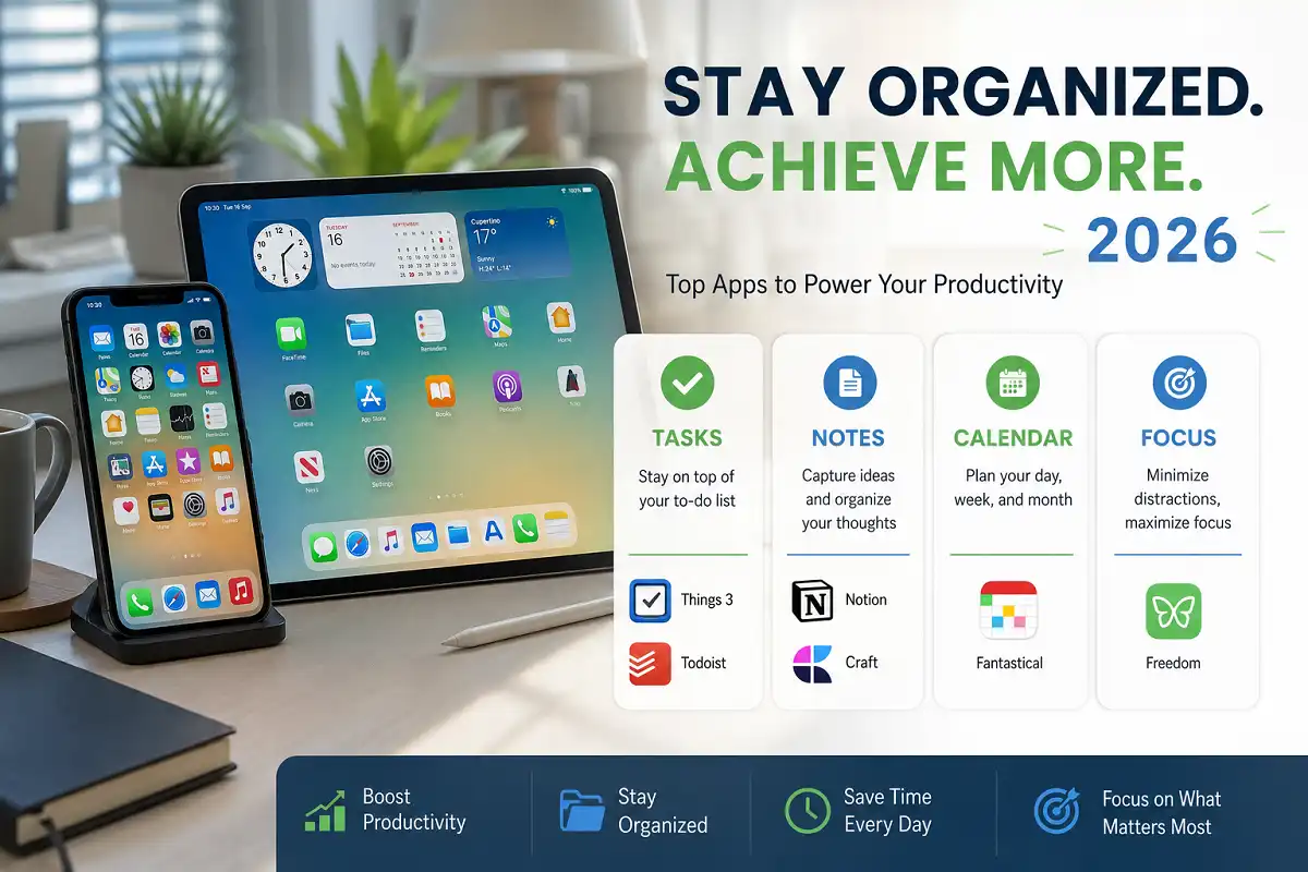 Infographic showing the best iOS productivity tools 2026 grouped by tasks, notes, calendar, and focus