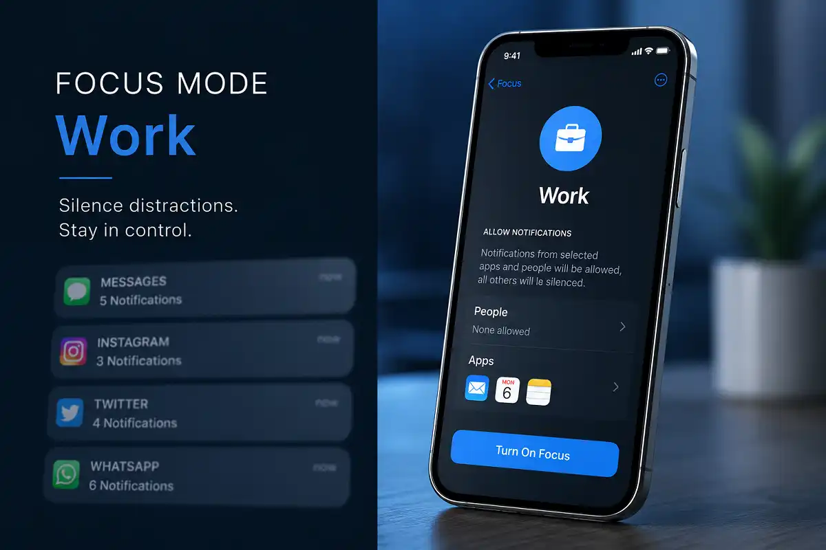 Focus mode active on iPhone, a key iOS productivity tools 2026 feature for deep work