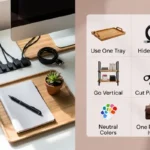 Infographic showing minimalist desk organizer ideas with a clean desk photo