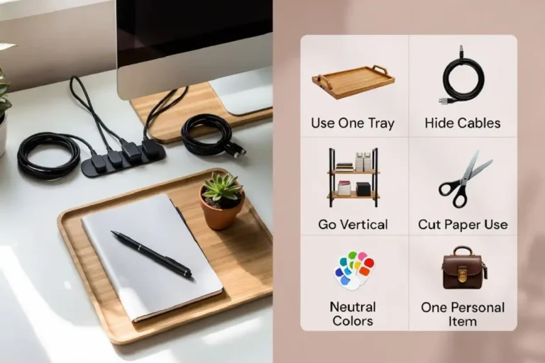 Infographic showing minimalist desk organizer ideas with a clean desk photo