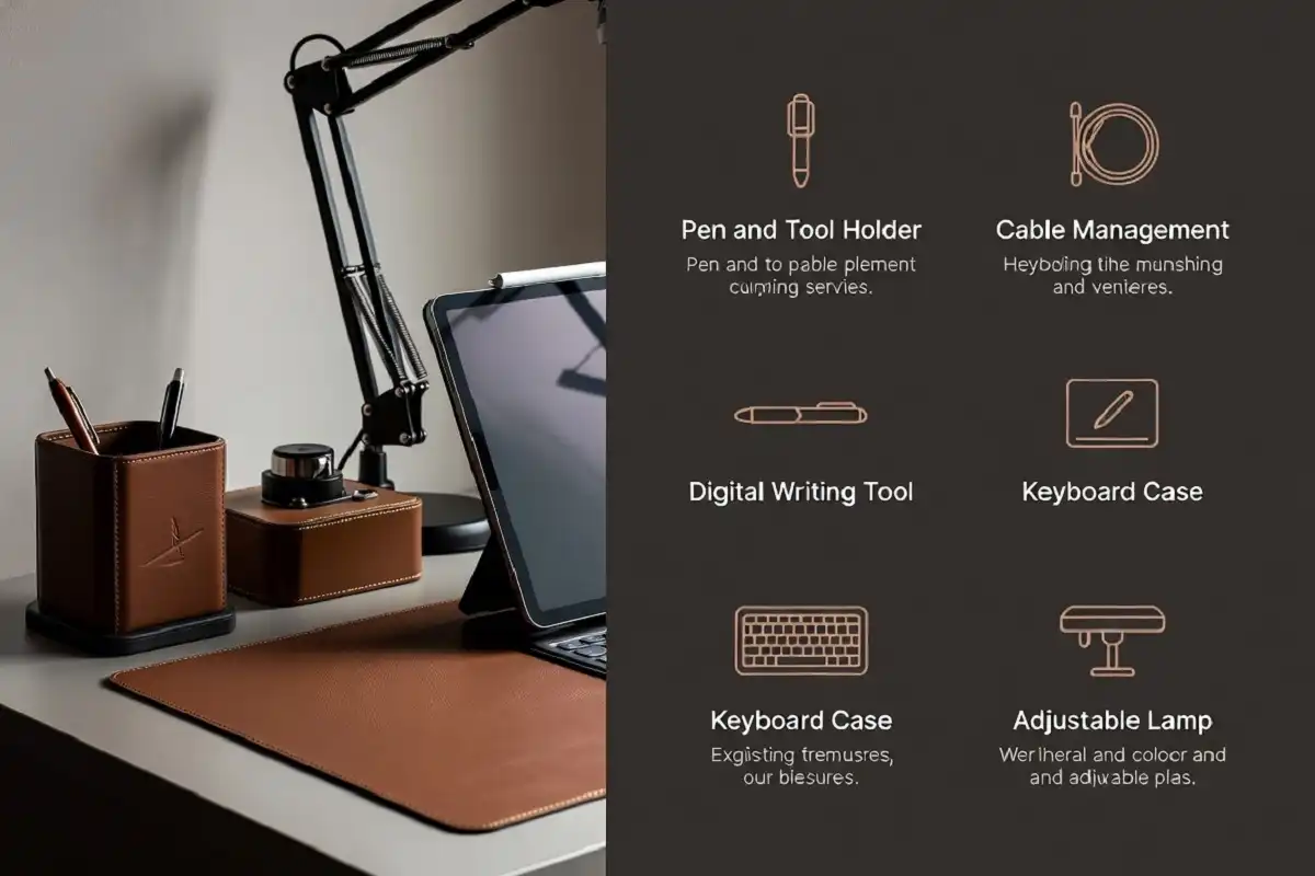 Infographic showing essential office accessories for men on a clean desk