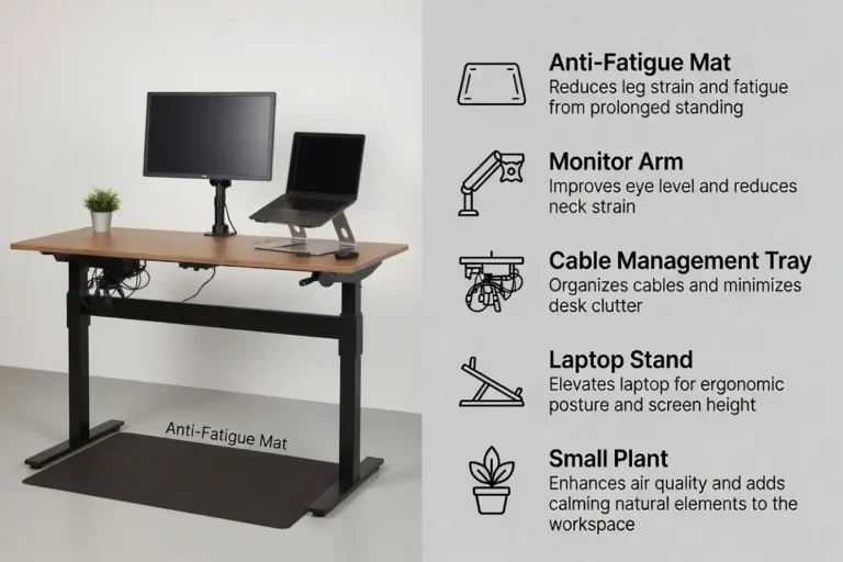 Complete standing desk accessories essentials setup with monitor arm, mat, and cable management