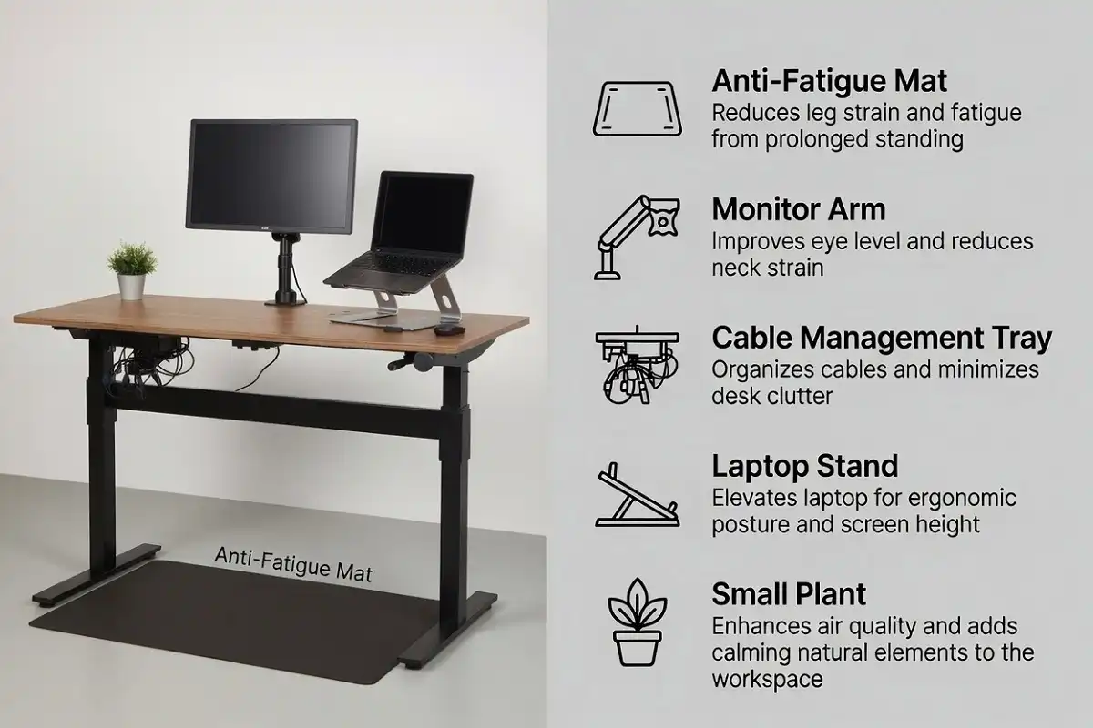 Complete standing desk accessories essentials setup with monitor arm, mat, and cable management