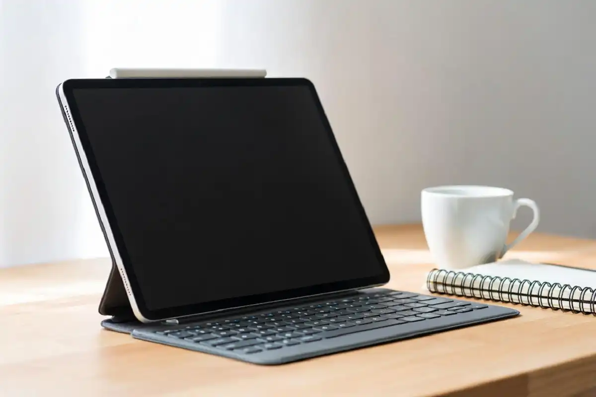 Tablet with keyboard case set up for mobile office work