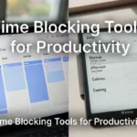 A desk setup showing time blocking tools for productivity including a digital calendar and E Ink writing tablet