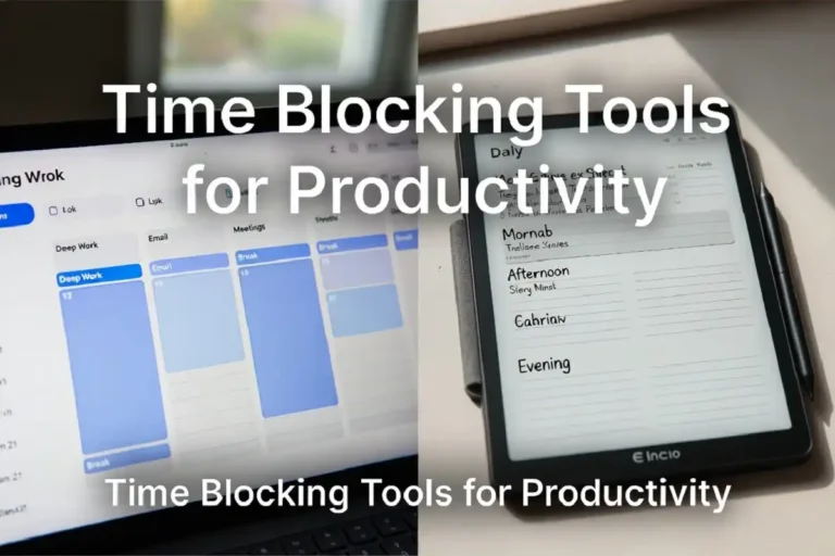 A desk setup showing time blocking tools for productivity including a digital calendar and E Ink writing tablet