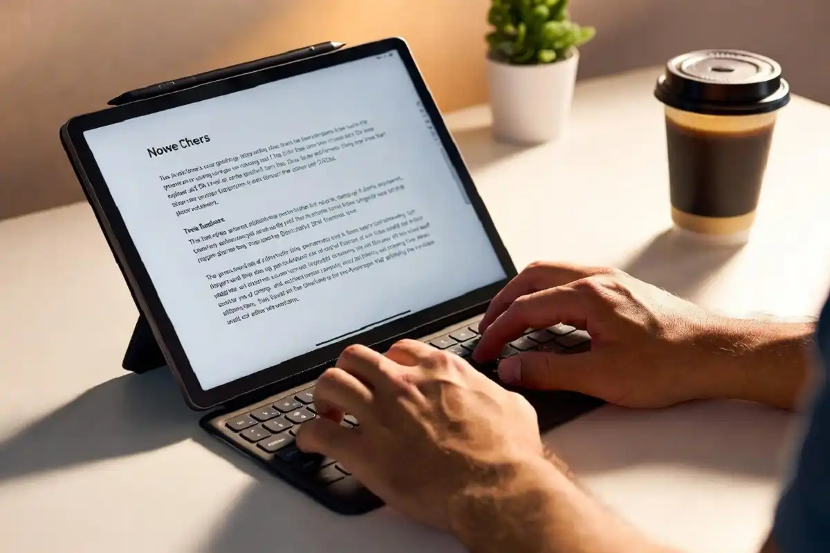 hands typing on an e ink tablet with keyboard case showing a clean document draft