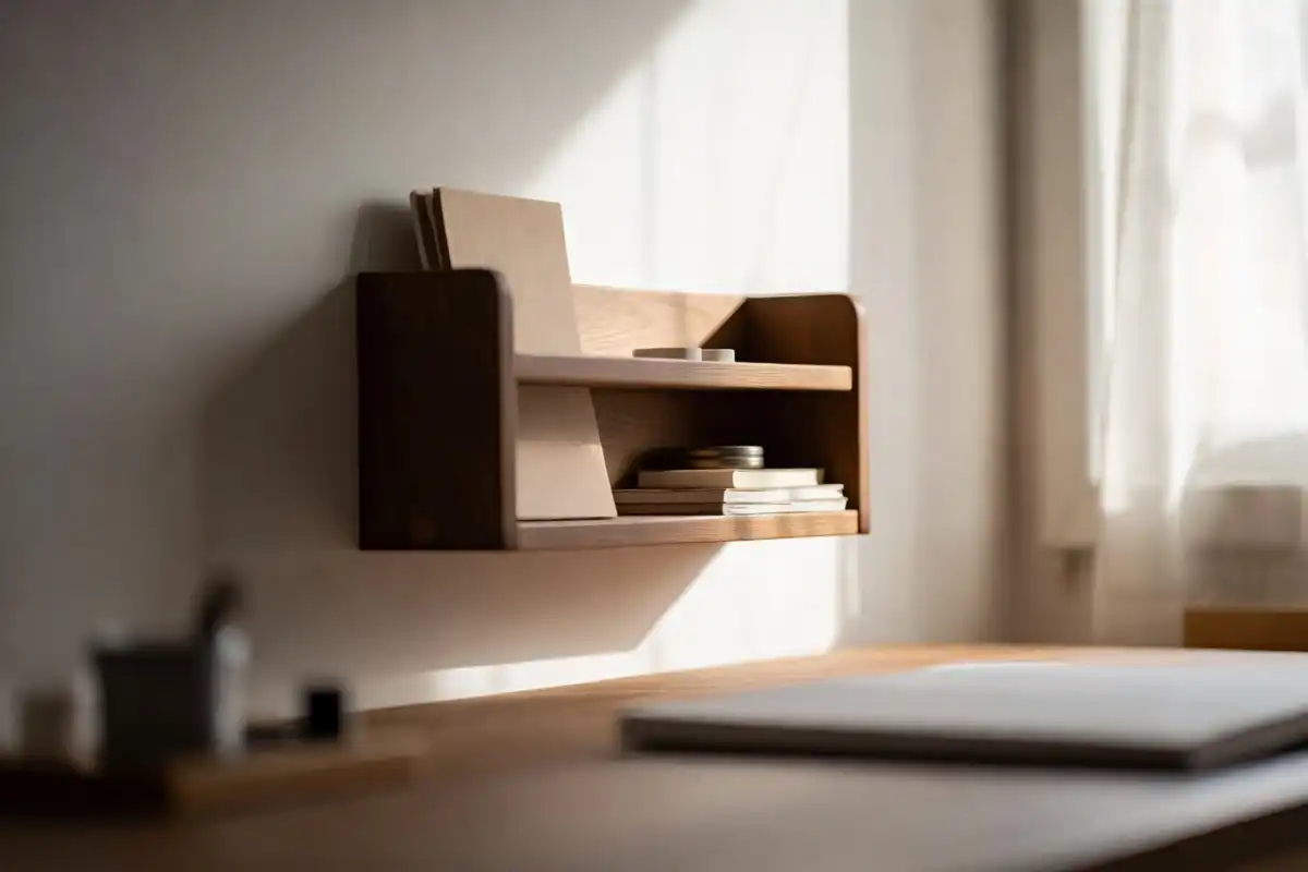 Wall-mounted shelf used for vertical desk storage in a small office