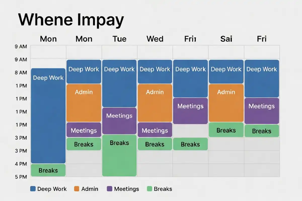 Color-coded weekly calendar showing time blocking categories for deep work, meetings, and breaks