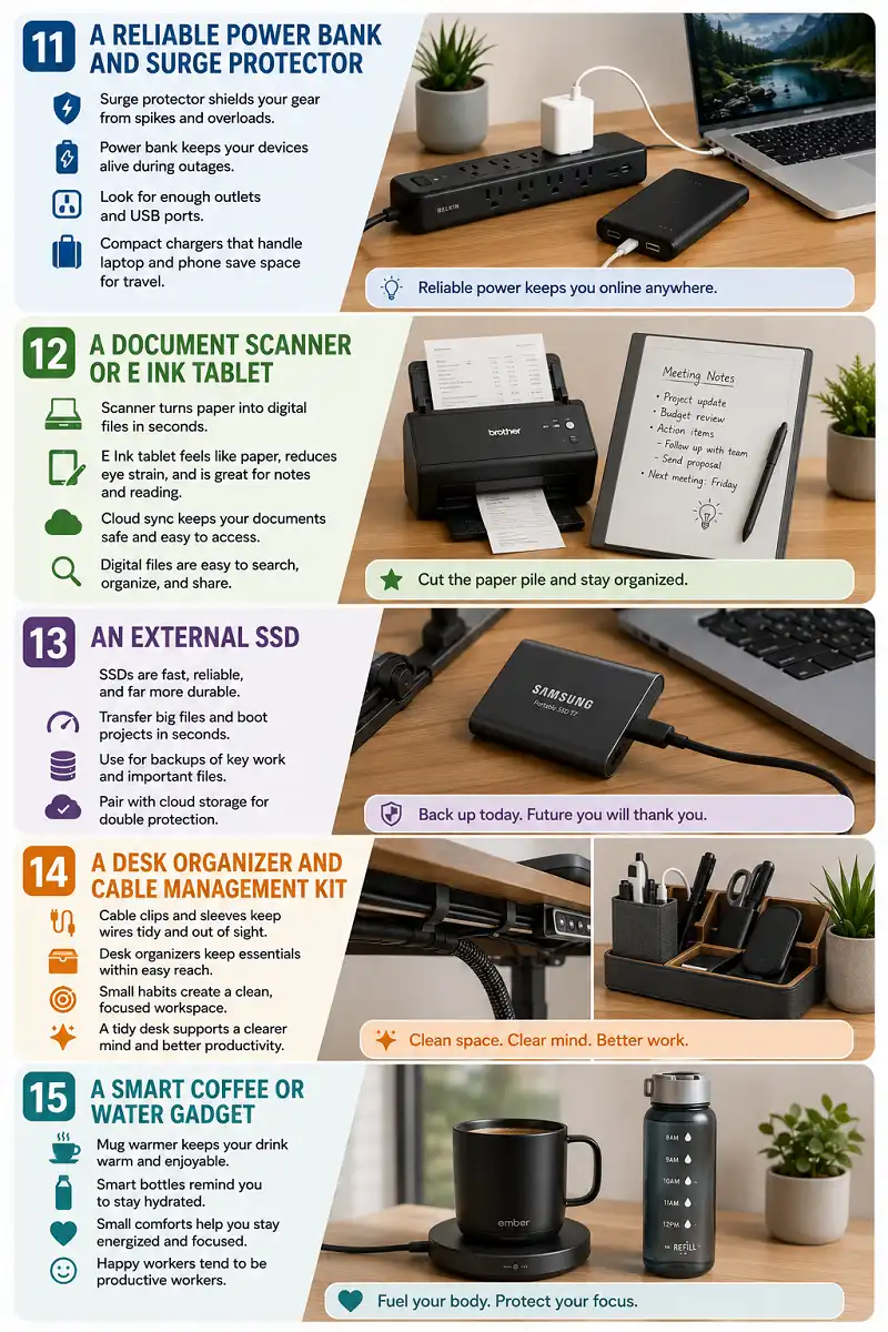 Infographic featuring five productivity gadgets for remote workers: a reliable power bank and surge protector for backup power, a document scanner and E Ink tablet for paperless organization, an external SSD for fast storage and backups, a desk organizer with cable management accessories for a clutter-free workspace, and smart coffee or water gadgets to support hydration, comfort, and focus during long workdays.