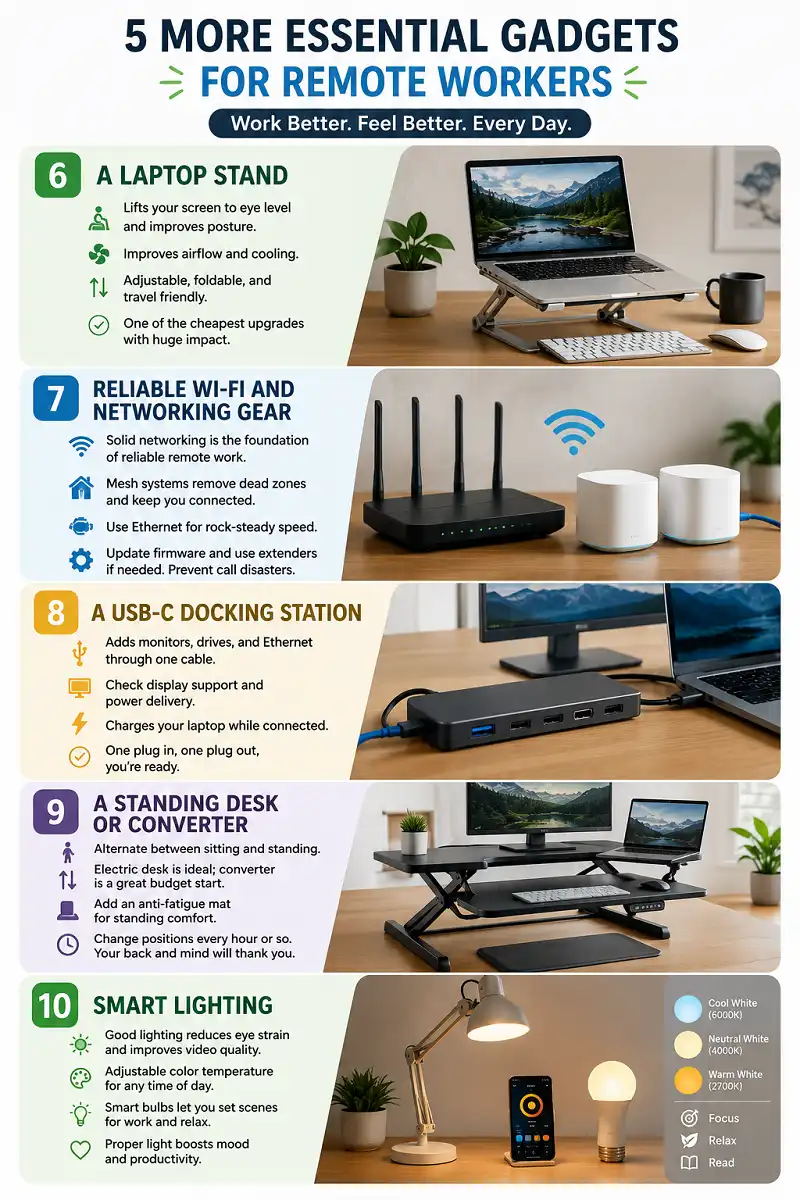 Infographic highlighting five essential remote work gadgets: an adjustable laptop stand for better posture, reliable Wi-Fi and mesh networking equipment, a USB-C docking station for expanded connectivity, a standing desk or desk converter for ergonomic movement, and smart lighting for improved productivity, eye comfort, and video calls.