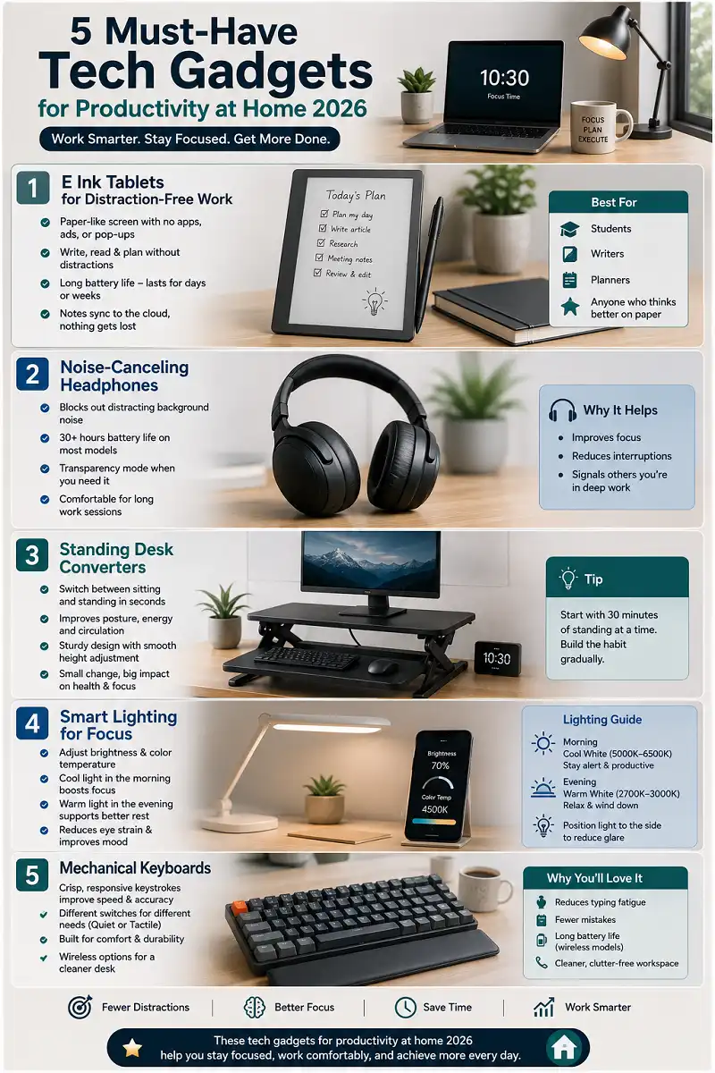 Infographic showing five tech gadgets for productivity at home 2026, including an E Ink tablet, noise-canceling headphones, standing desk converter, smart lighting, and mechanical keyboard.