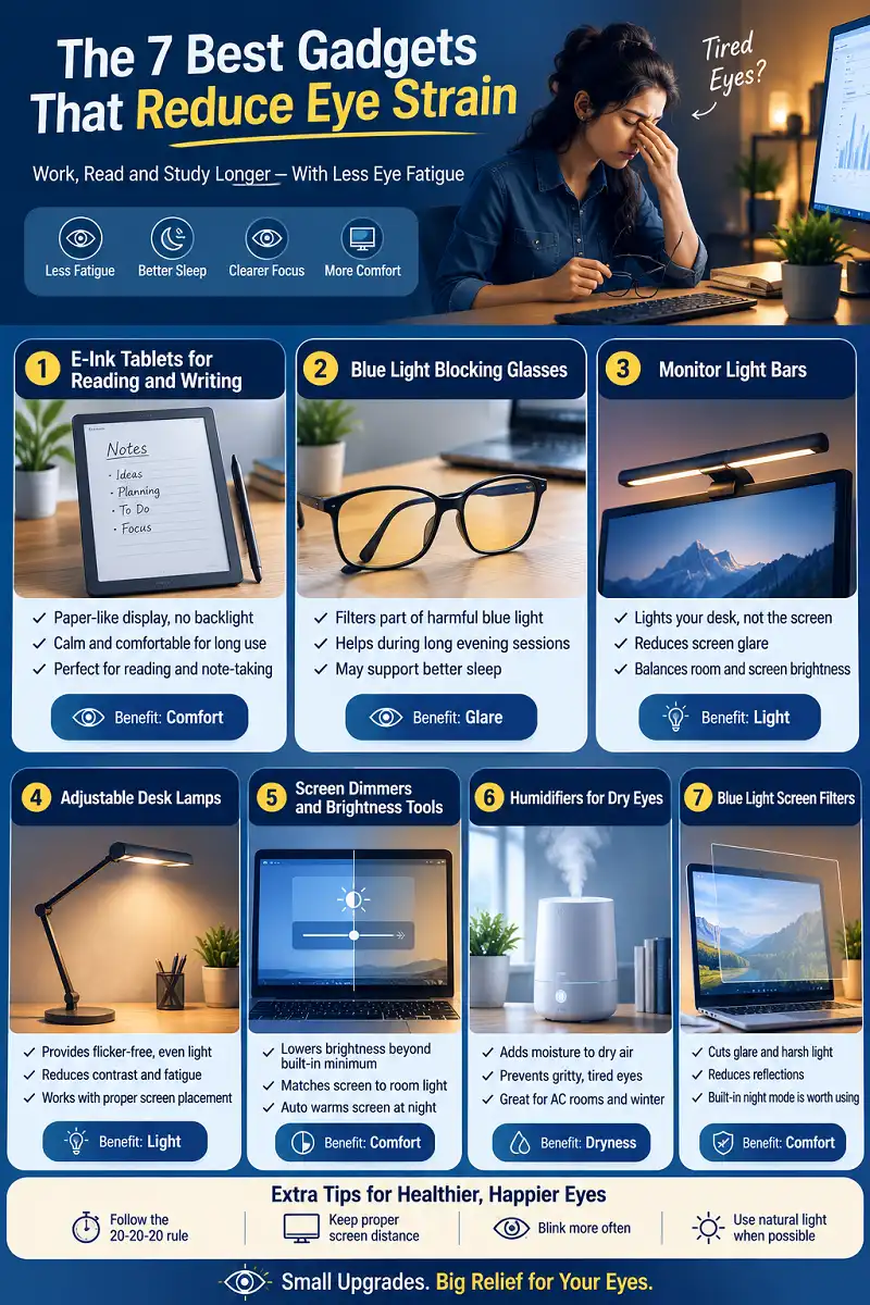 Infographic showing seven best gadgets that reduce eye strain, including e-ink tablets, blue light glasses, monitor light bars, desk lamps, screen dimmers, humidifiers, and blue light screen filters.