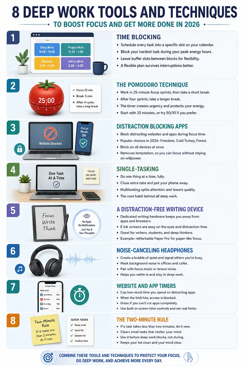 Infographic showing eight deep work tools and techniques, including time blocking, Pomodoro, distraction blocking apps, single-tasking, E Ink writing devices, noise-canceling headphones, app timers, and the two-minute rule.
