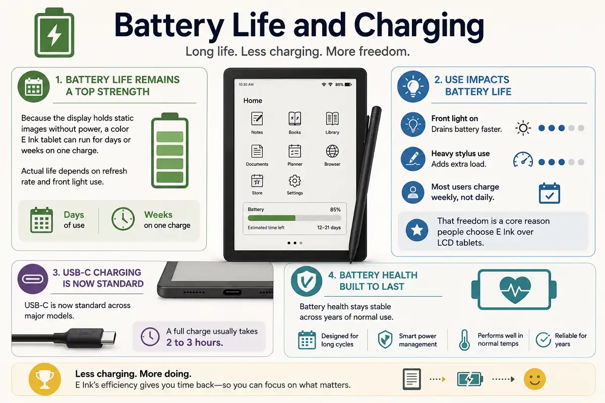 Infographic explaining color E Ink tablet battery life, including days or weeks of use, the impact of front-light and stylus use, USB-C charging in two to three hours, and long-term battery health.