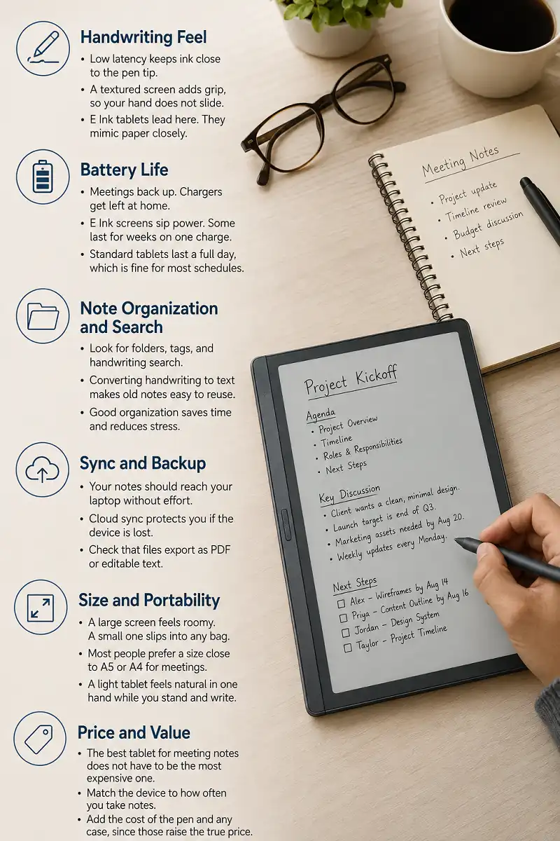 Best tablet for meeting notes with an E Ink tablet, stylus, handwriting, battery life, note organization, sync, portability, and price comparison infographic.