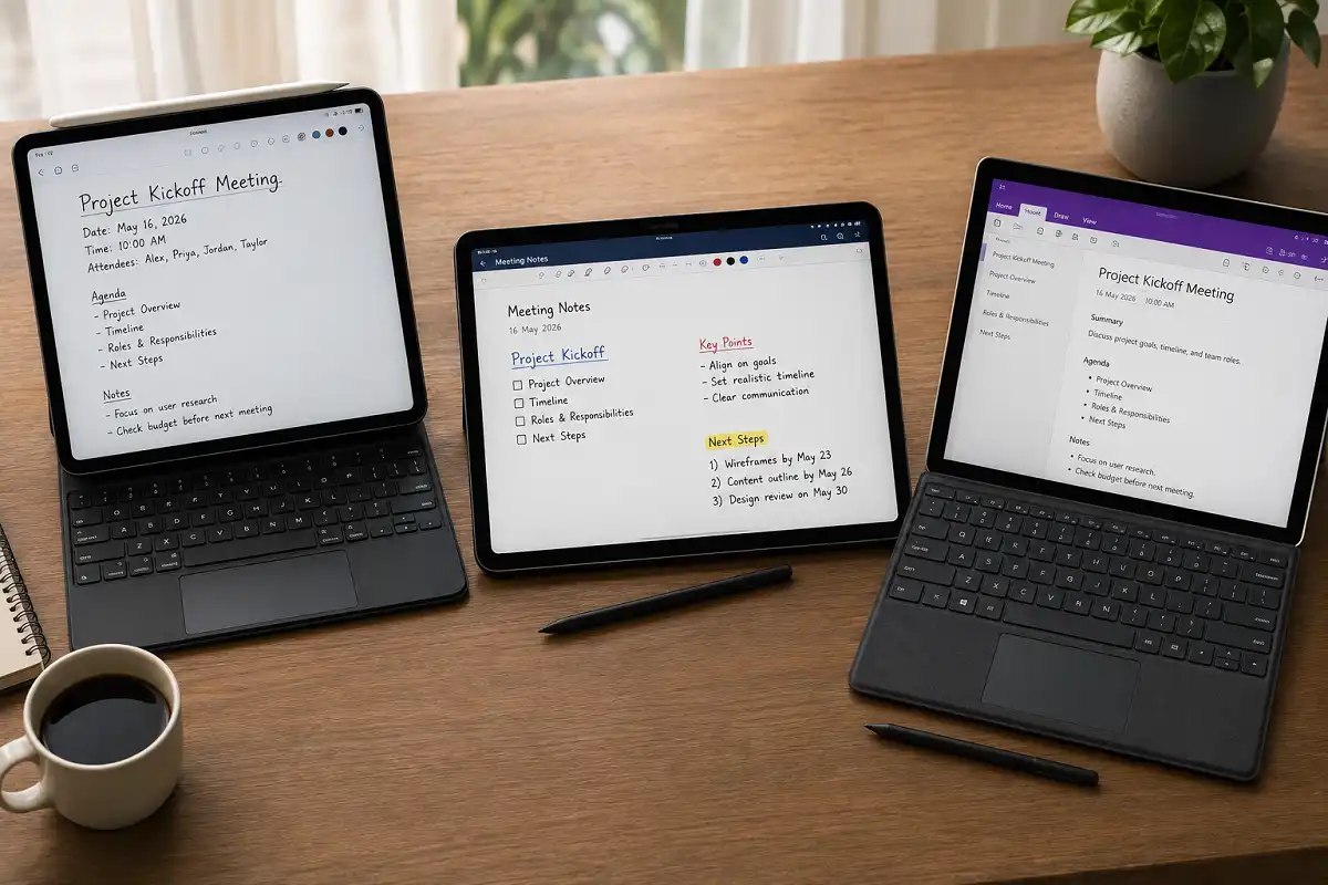Three modern tablets with styluses displaying handwritten meeting notes on a work desk, representing iPad, Samsung Galaxy Tab, and Windows tablet options.