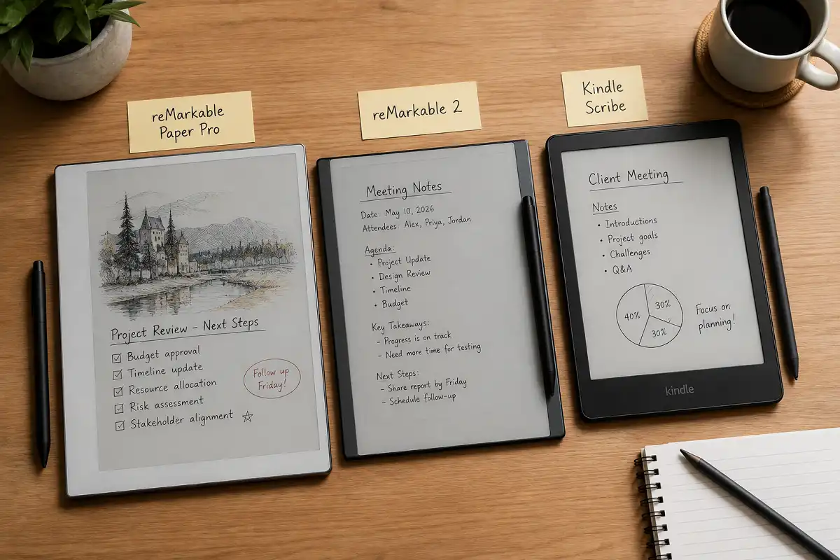 Three e ink tablets with meeting notes, styluses, and labels for reMarkable Paper Pro, reMarkable 2, and Kindle Scribe on a wooden desk.