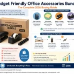2026 buying guide infographic for a budget friendly office accessories bundle, featuring essential desk accessories, setup steps, productivity benefits, pro tips, and common mistakes to avoid.
