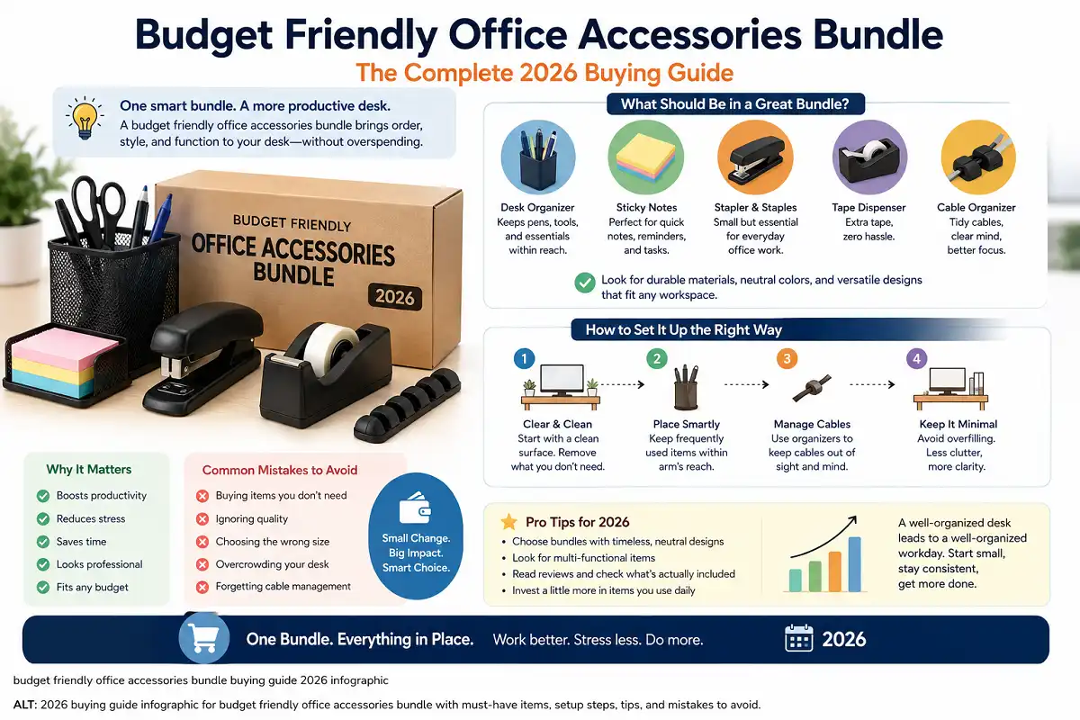 2026 buying guide infographic for a budget friendly office accessories bundle, featuring essential desk accessories, setup steps, productivity benefits, pro tips, and common mistakes to avoid.