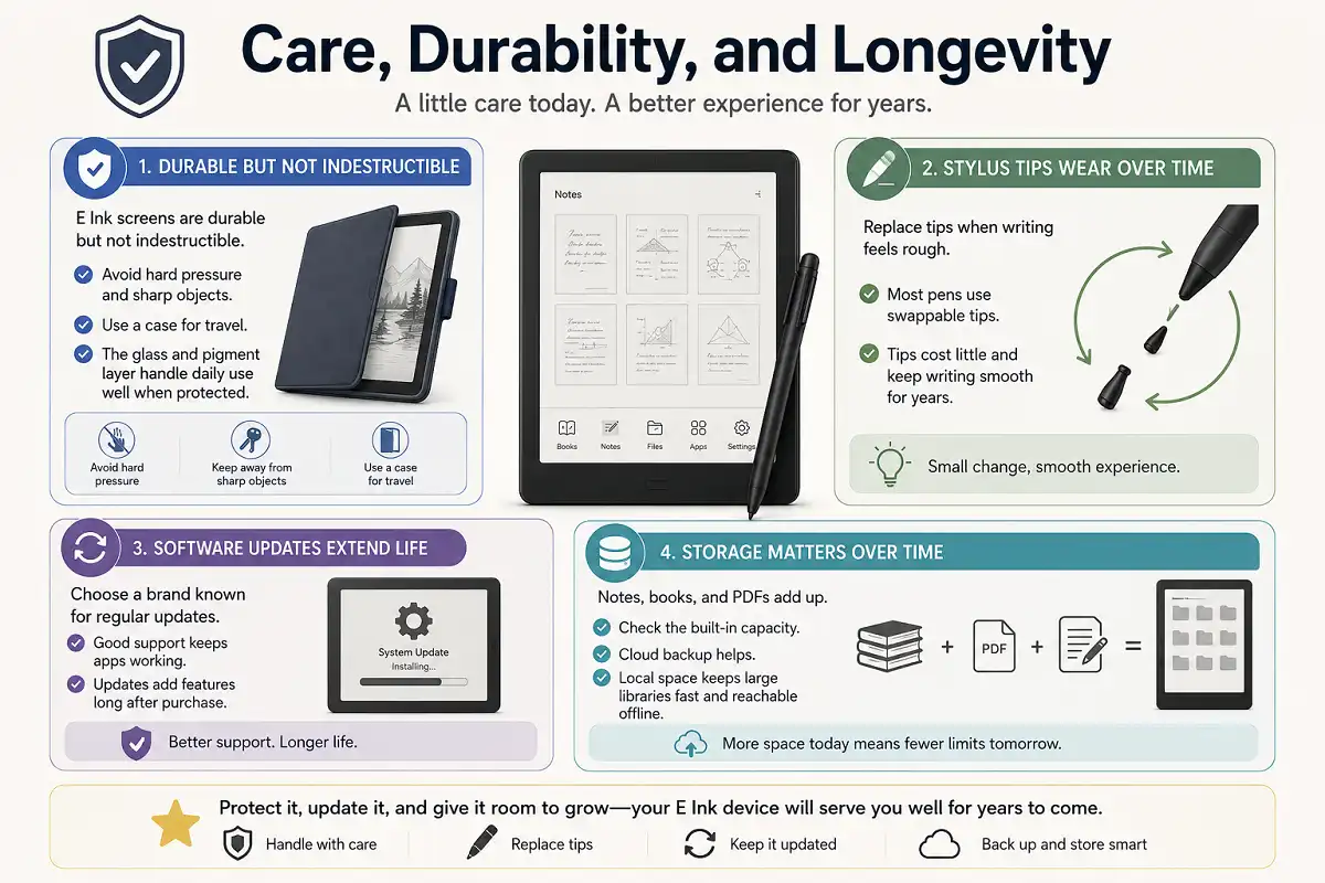 Infographic showing four ways to extend an E Ink device’s life: protect the screen, replace worn stylus tips, install software updates, and maintain enough local storage with cloud backup.