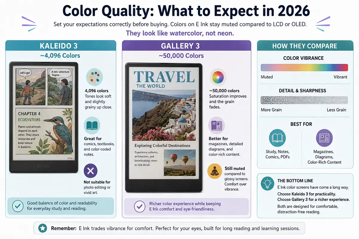 Infographic comparing E Ink color quality in 2026, showing Kaleido 3 with about 4,096 muted colors versus Gallery 3 with about 50,000 richer colors, plus their best uses for comics, textbooks, notes, magazines, and detailed diagrams.