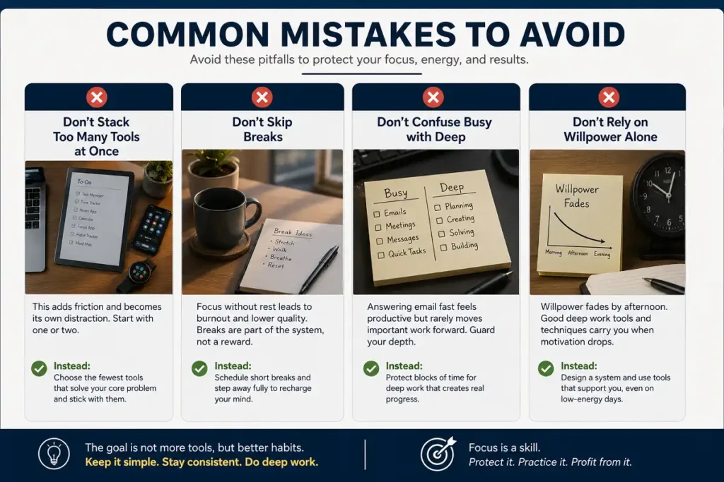 Infographic showing four common deep work mistakes to avoid: using too many tools, skipping breaks, confusing busy work with deep work, and relying on willpower alone.