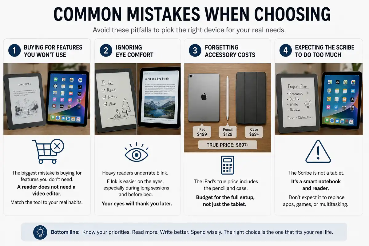 Infographic showing four common mistakes when choosing between a Kindle Scribe and iPad: buying unused features, ignoring eye comfort, forgetting accessory costs, and expecting the Scribe to function like a full tablet.