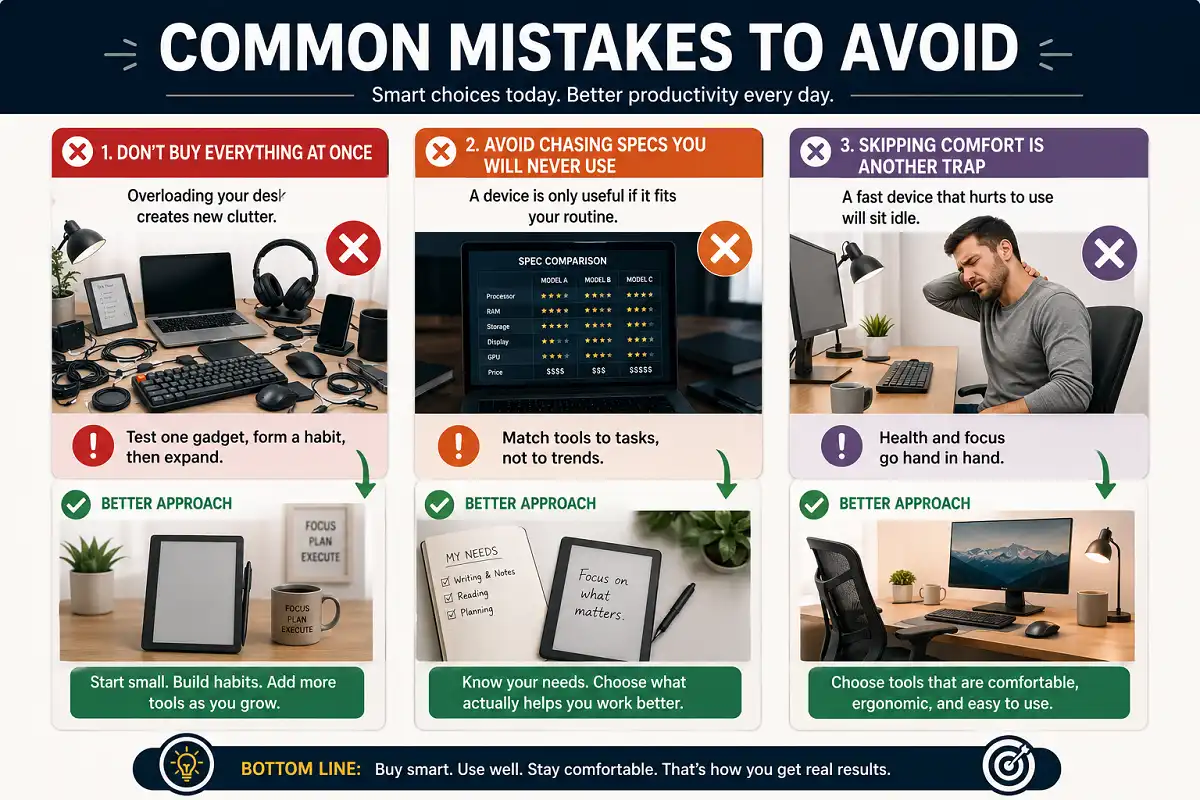 Infographic showing three common mistakes when buying productivity gadgets: creating desk clutter, chasing unnecessary specifications, and ignoring comfort, with practical better approaches.