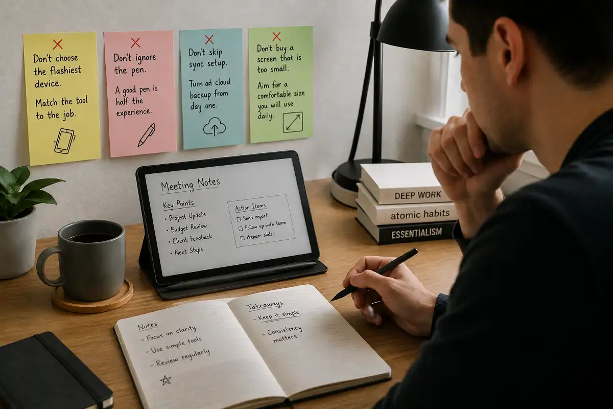 Person taking meeting notes on a tablet with a stylus while considering pen quality, cloud sync, device choice, and screen size.
