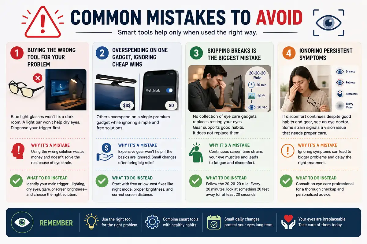Infographic showing four common eye strain mistakes: choosing the wrong gadget, overspending on one device, skipping screen breaks, and ignoring persistent symptoms, with practical tips for healthier screen use.