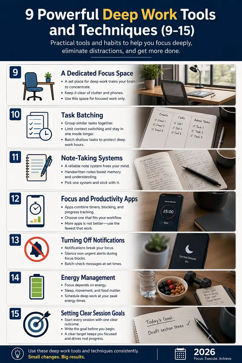 Infographic showing seven deep work tools and techniques, including a dedicated focus space, task batching, note-taking systems, productivity apps, turning off notifications, energy management, and clear session goals.