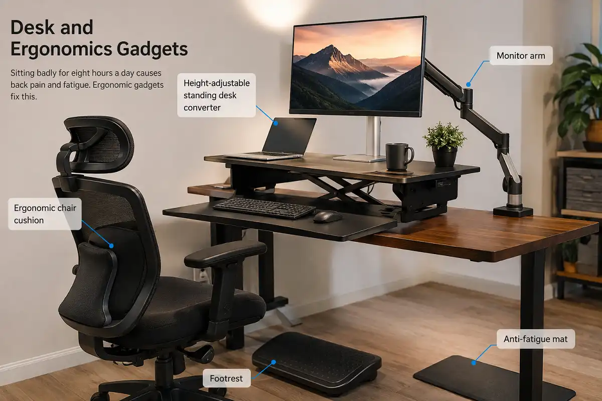 Modern home office setup featuring a standing desk converter, ergonomic chair cushion, monitor arm, footrest, and anti-fatigue mat.