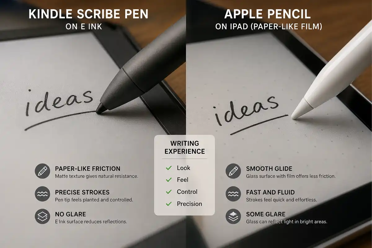 Close-up of handwriting on the Kindle Scribe compared with writing on an iPad screen